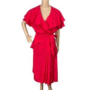 Vintage Nilani Cherry Red Chiffon Floral Midi Dress 12 Surplice Flutter Sleeve